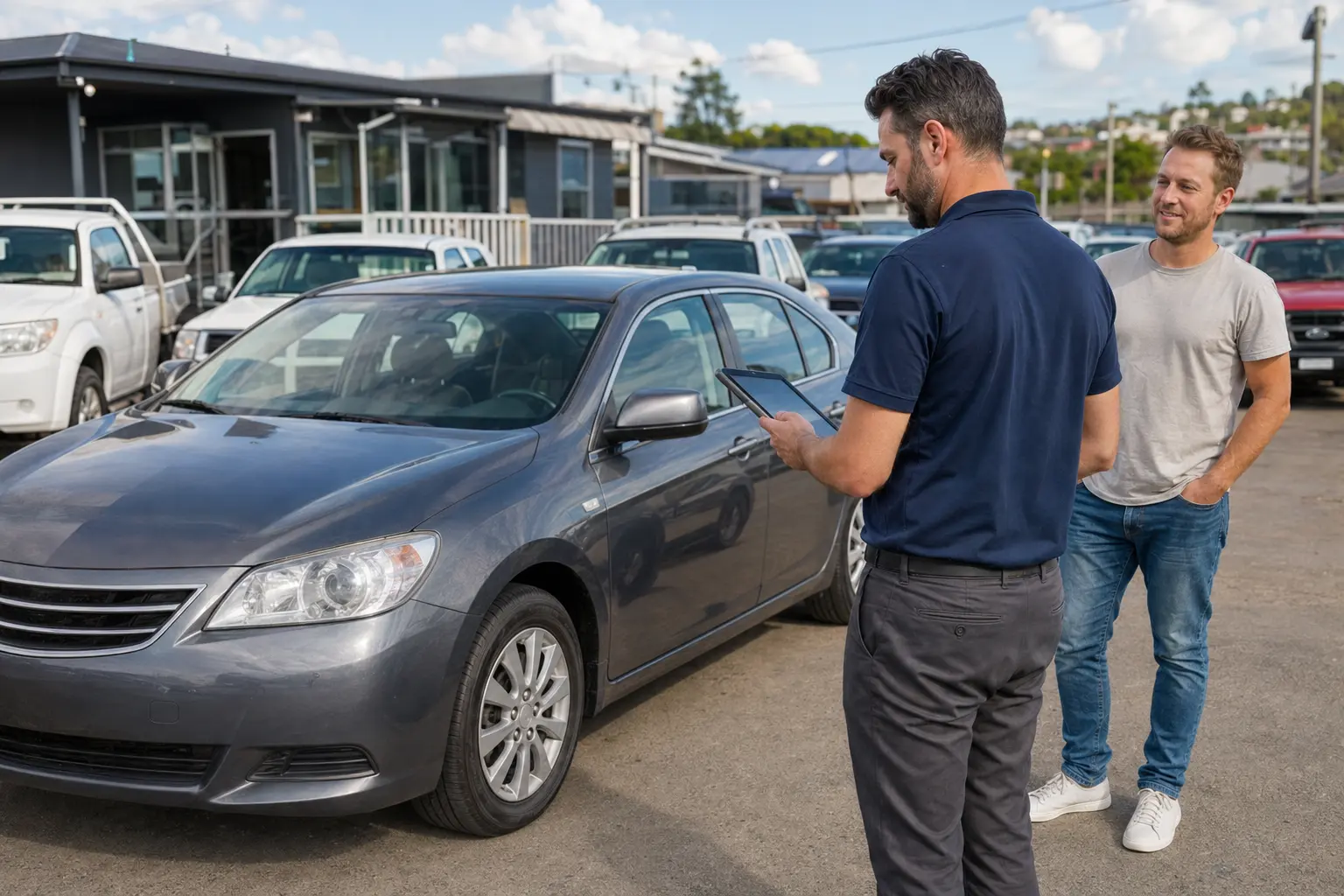 Used-car appraiser inspecting a vehicle with its owner in Victoria